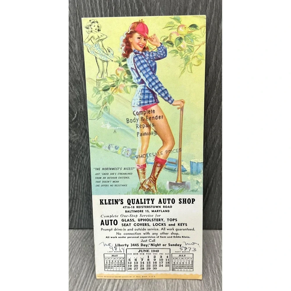 Vintage 1949 Brown & Bigelow Pin Up Ad Card Klein's Auto Shop Baltimore MD